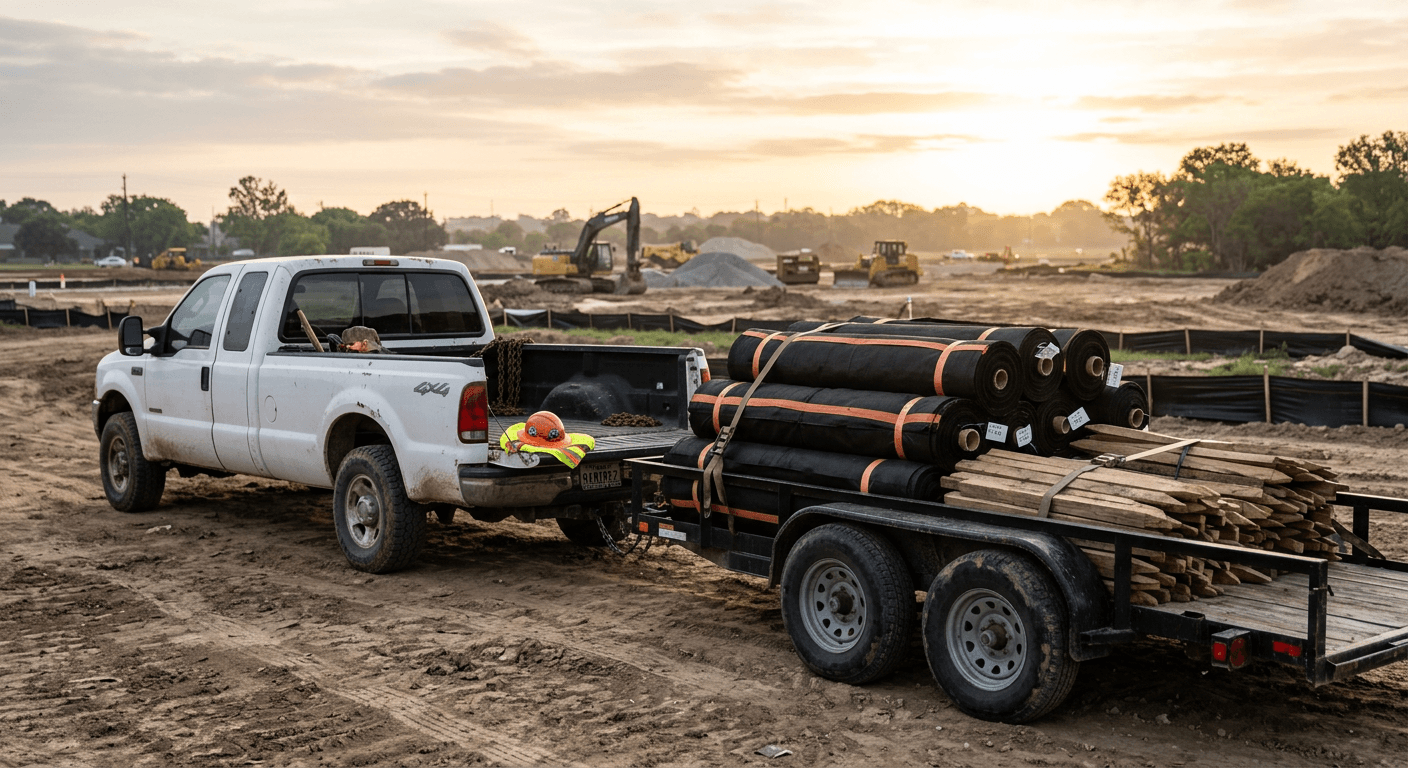 Work truck and trailer loaded with silt fence rolls and stakes at a jobsite