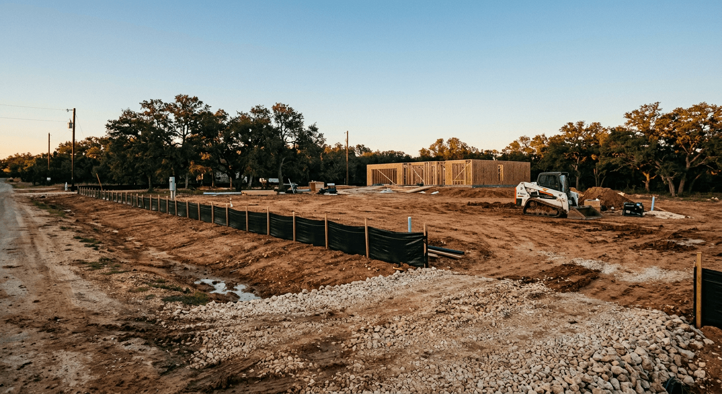 Central Texas construction site with silt fence and a stabilized rock entrance