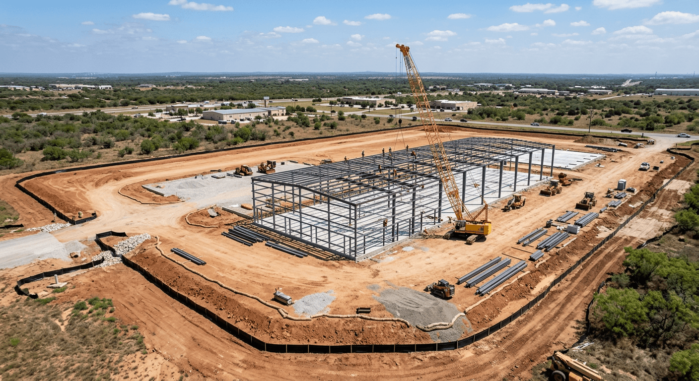 Commercial construction pad with perimeter silt fence and steel framing