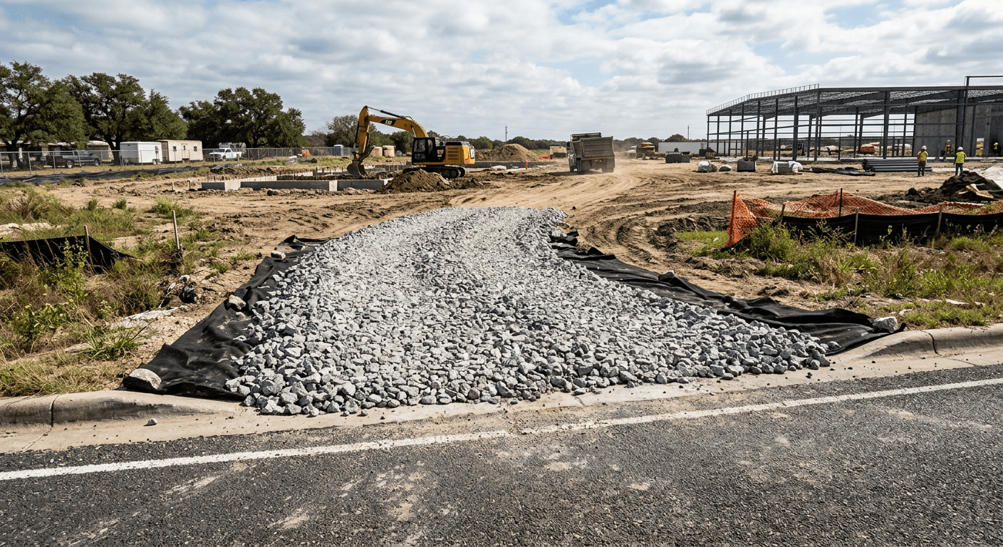 Crushed rock construction entrance meeting a paved road