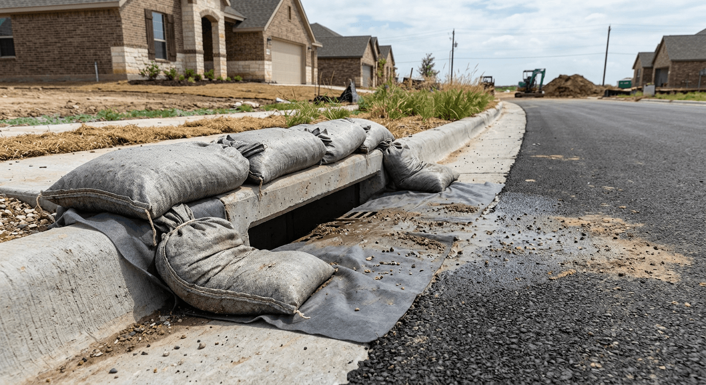 Gravel filter bags protecting a curb storm drain inlet
