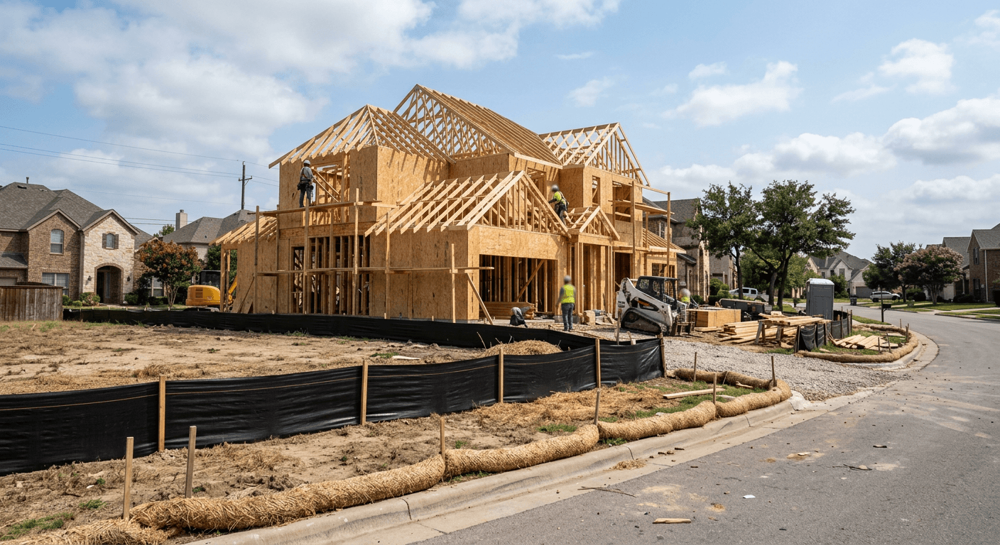 Home under construction with silt fence and sediment logs along the curb