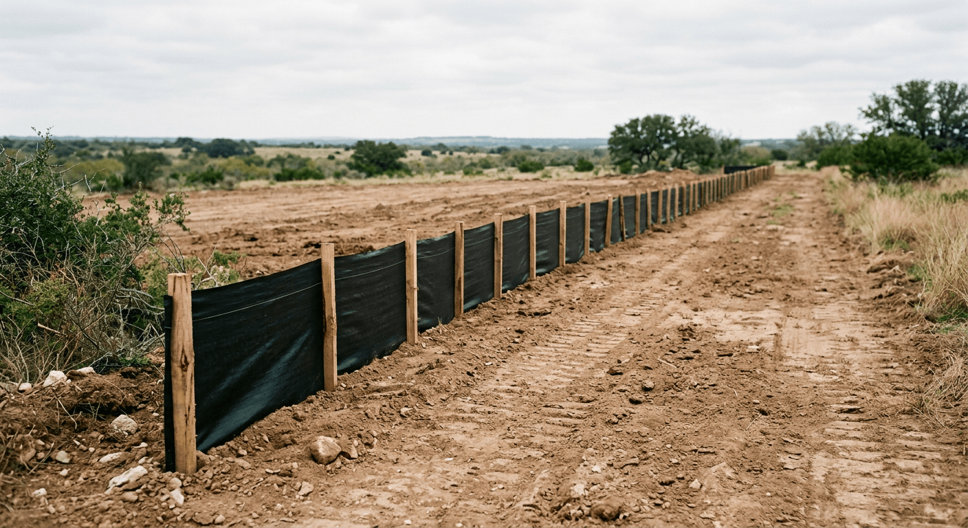 Black silt fence with wooden stakes on a graded construction lot